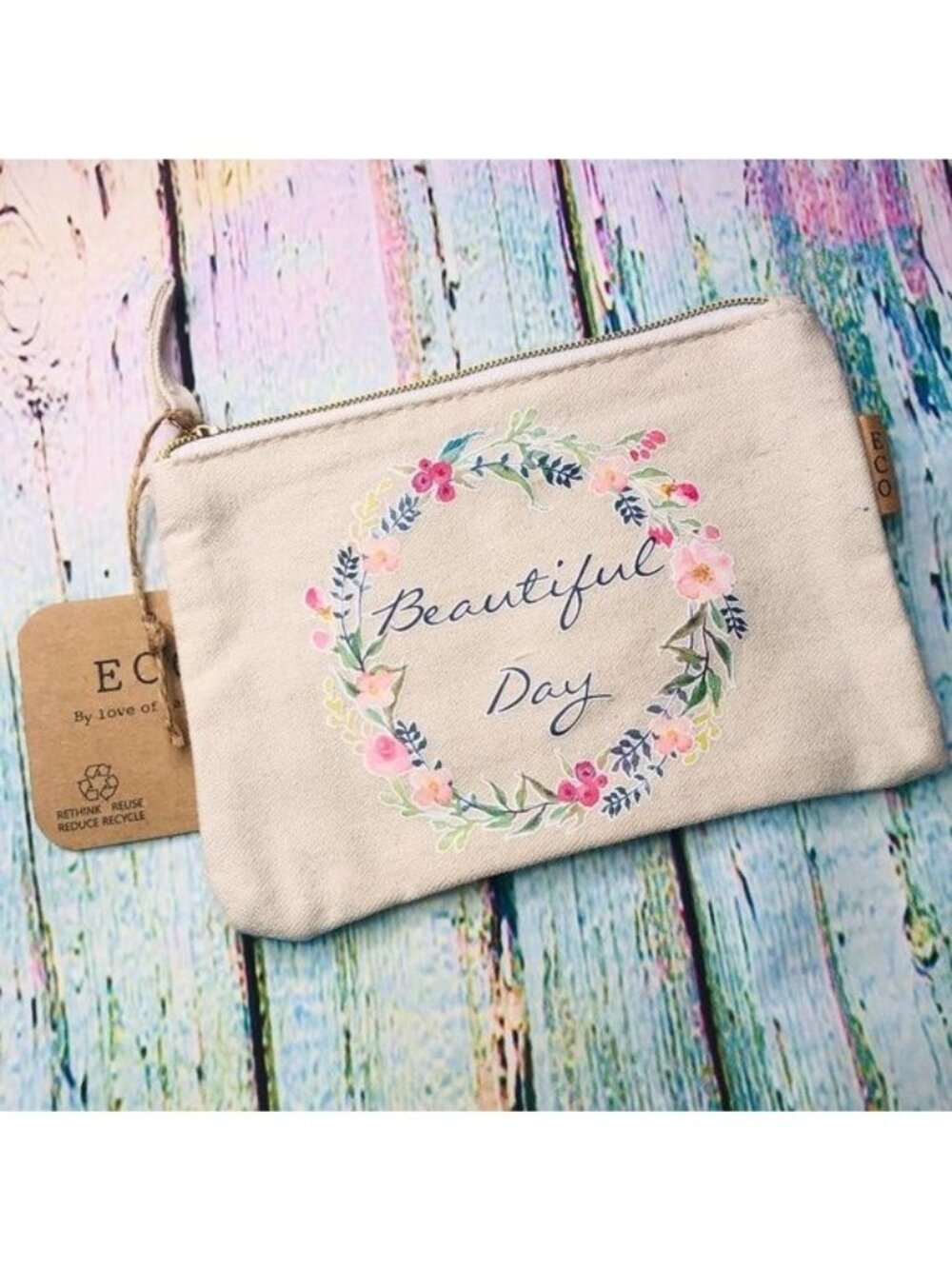 Beautiful Day Floral Earth Spring Flower Wreath Make Up Bag ECO Recycled Cotton